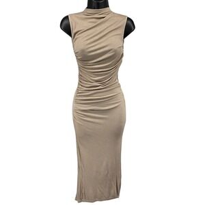 Enza Costa Taupe Silk Rib Mock Neck Ruched Maxi Dress Bodycon Size S